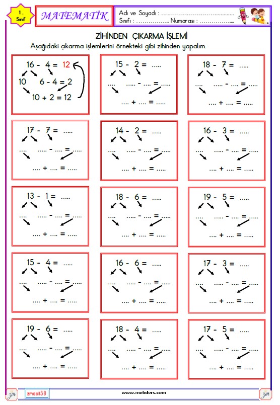 1. Sınıf Matematik Zihinden Çıkarma İşlemi Etkinliği 3