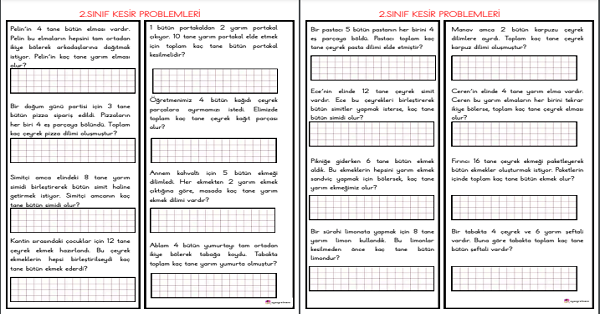 2. Sınıf Matematik Kesir Problemleri (Bütün-Yarım-Çeyrek)