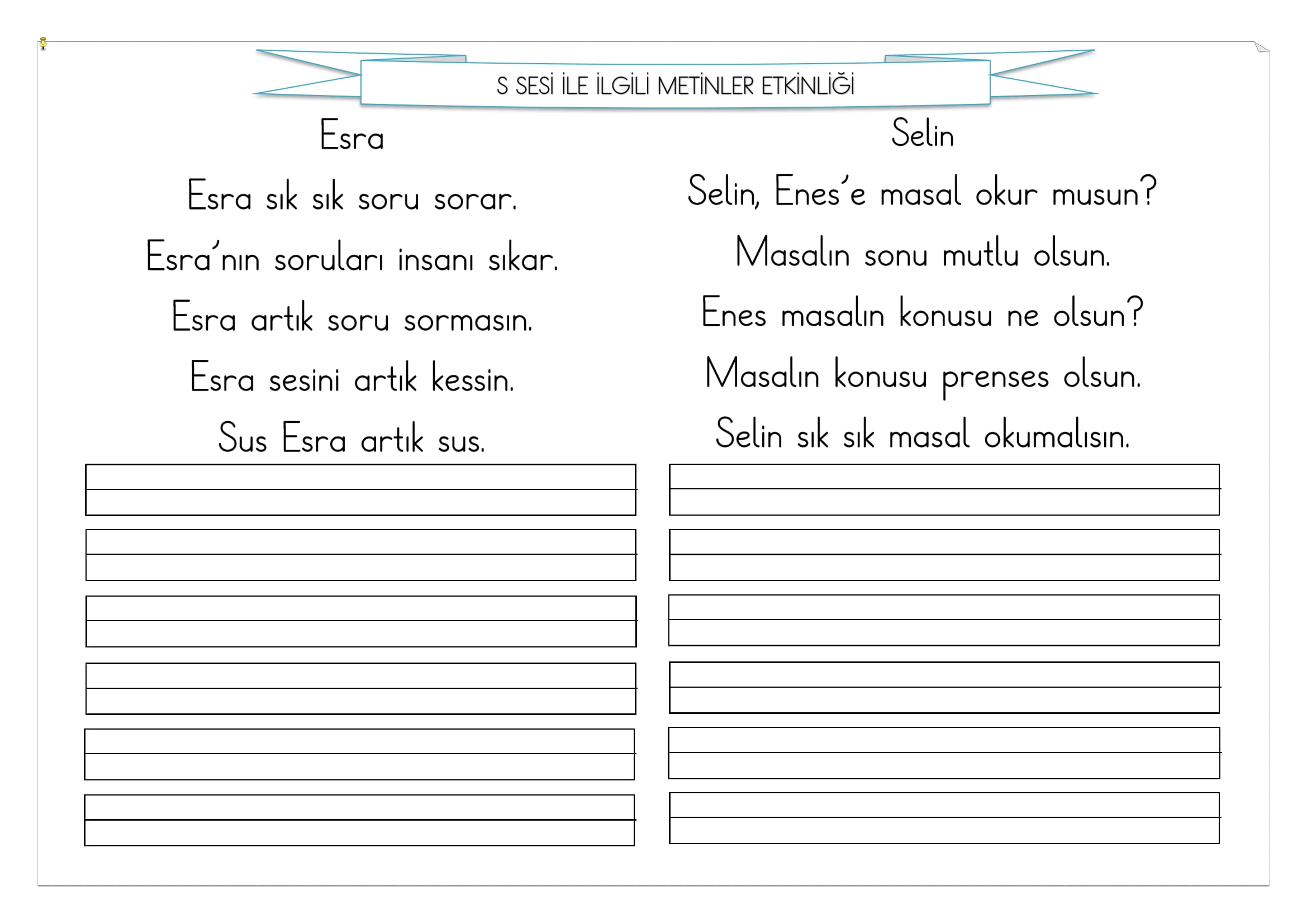 1.Sınıf İlk Okuma Yazma S Sesi Metinler Etkinliği