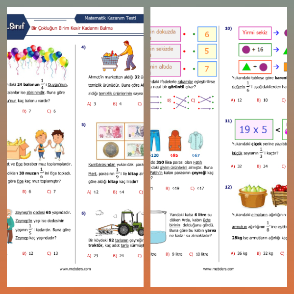 3. Sınıf Matematik Bir Çokluğun Birim Kesir Kadarını Bulma Kazanım Testi