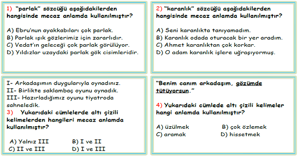 4.Sınıf Türkçe Gerçek-Mecaz-Terim Anlamlı Kelimeler-Test-1