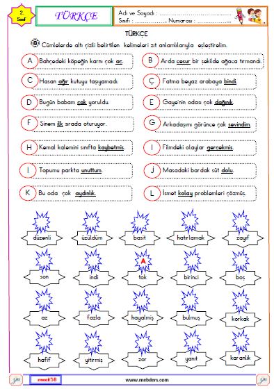 2. Sınıf Türkçe Zıt Anlamlı Kelimeler Etkinliği