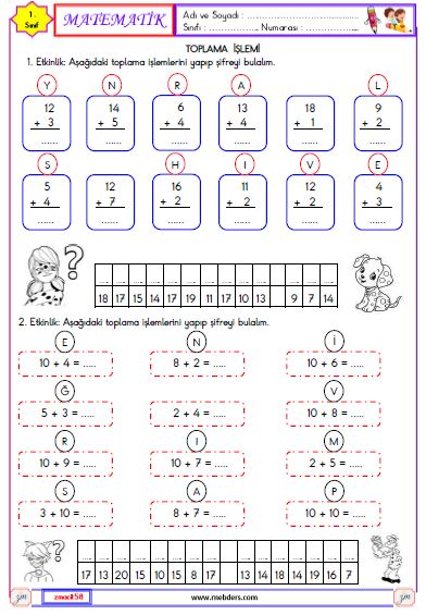 1. Sınıf Matematik Toplama İşlemi Etkinliği 6