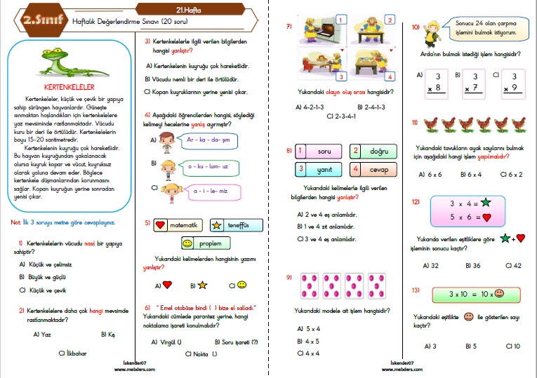 2.Sınıf Haftalık Değerlendirme Testi - 21.Hafta (20-24 Şubat)