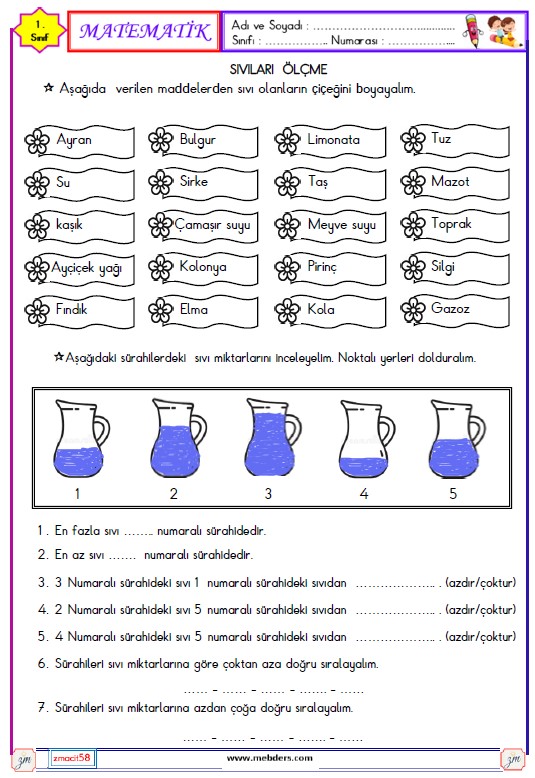 1. Sınıf Matematik Sıvıları Ölçme Etkinliği 1