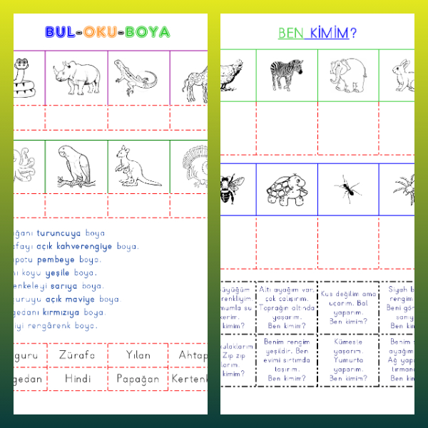 1.Sınıf Türkçe Hayvanlar - Oku-Kes-Boya-Yapıştır