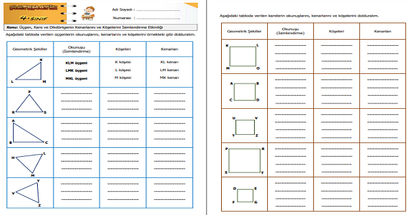 4.Sınıf Matematik Üçgen, Kare ve Dikdörtgenin Kenarlarını ve Köşelerini İsimlendirme Etkinliği 3