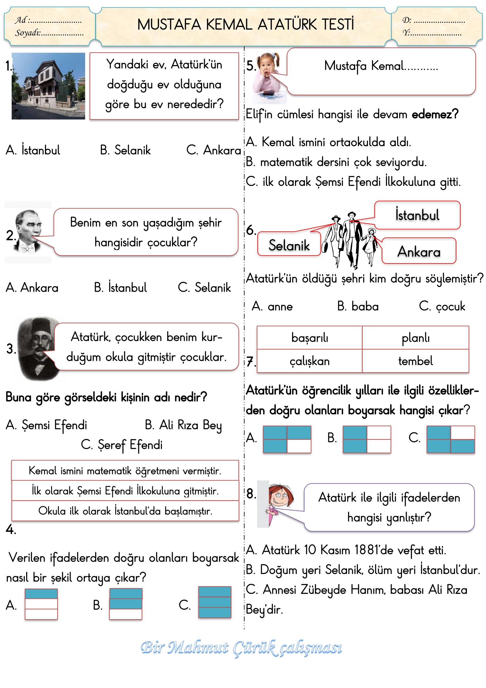 2.Sınıf Hayat Bilgisi Mustafa Kemal Nasıl Bir Öğrenciydi Testi