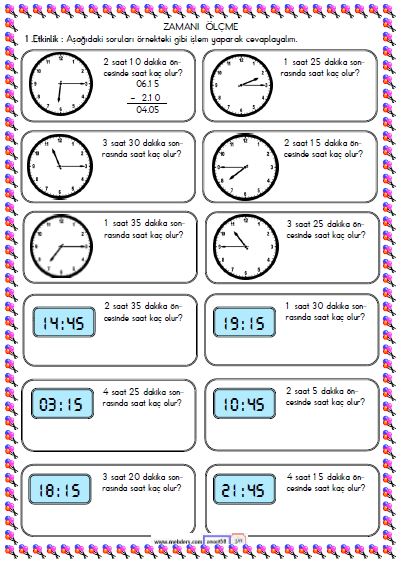 2. Sınıf Matematik Zamanı Ölçme ve Saat Etkinliği 16