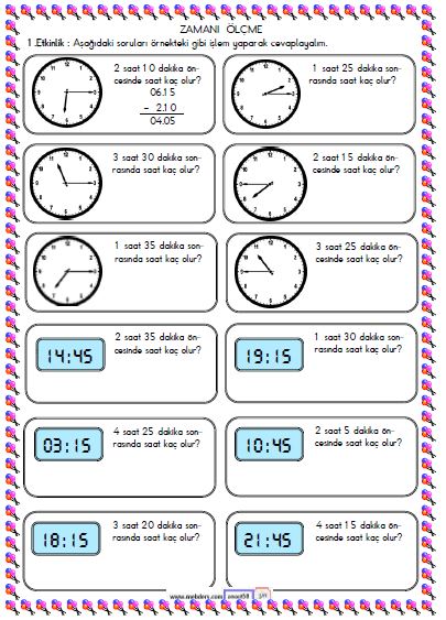 2. Sınıf Matematik Zamanı Ölçme ve Saat Etkinliği 16