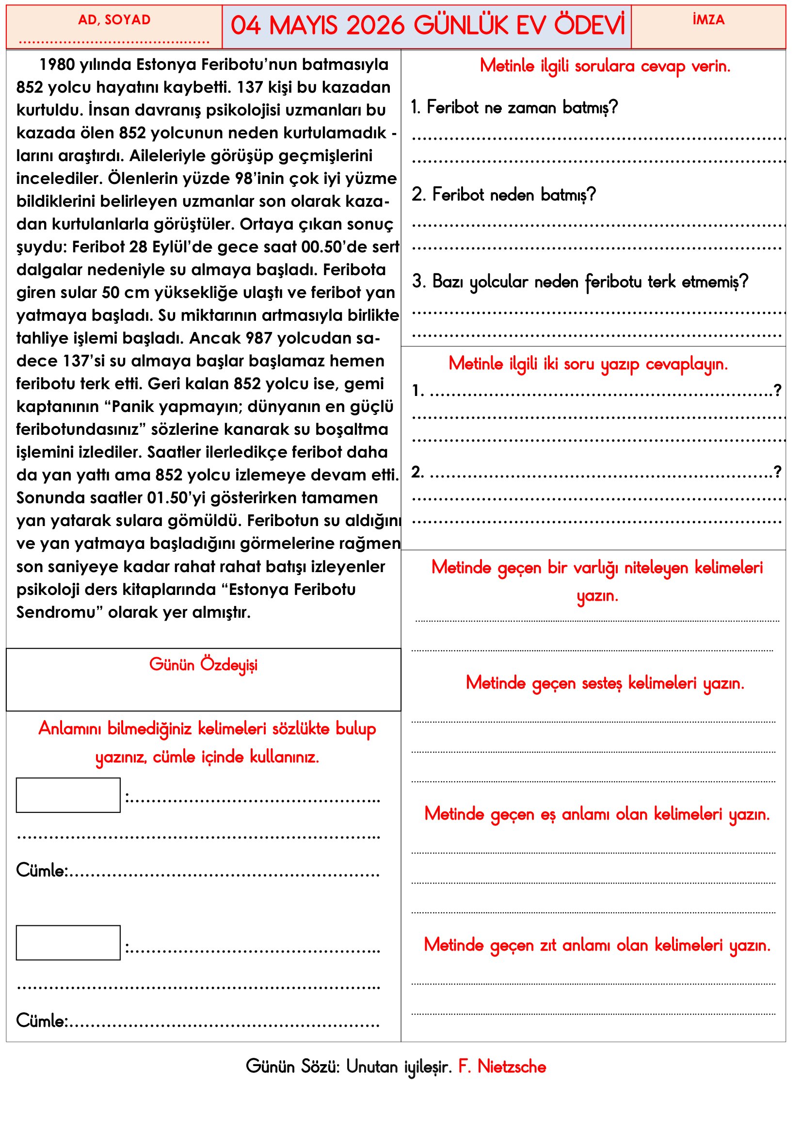 3.Sınıf - 04 Mayıs 2026 Günlük Ev Ödevleri