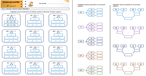 3.Sınıf Matematik Zihinden Çıkarma İşlemi Etkinliği 2