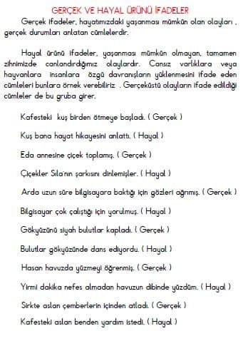 3. Sınıf Türkçe Gerçek ve Hayal Ürünü İfadeler Konu Özeti