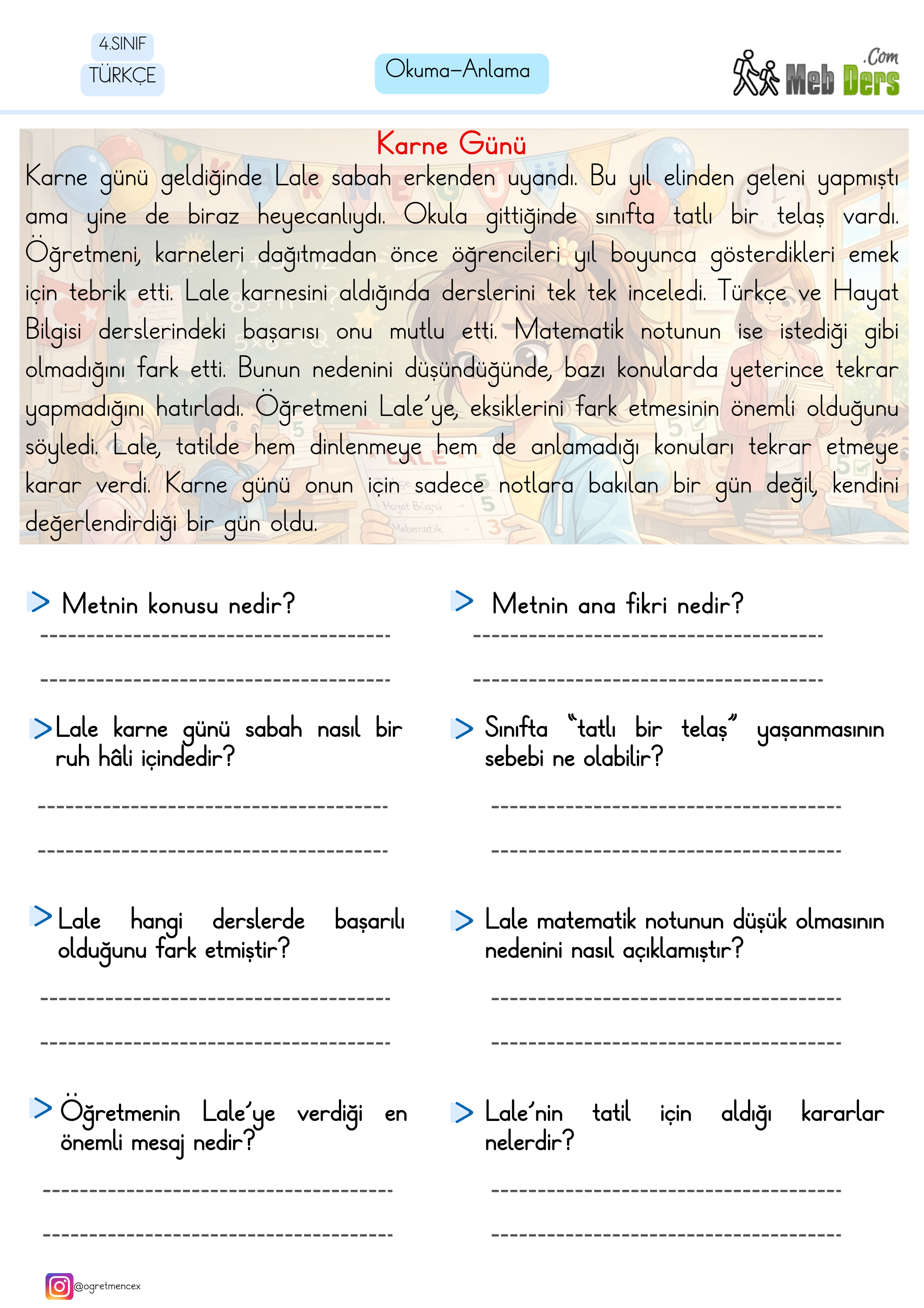 4. Sınıf Türkçe Okuduğunu Anlama Çalışması