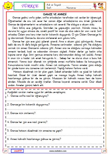 3. Sınıf Türkçe Okuma ve Anlama Metni Etkinliği (Gamze ve Annesi)