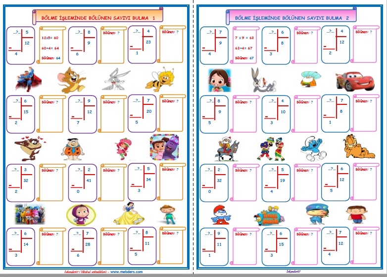3.Sınıf Matematik Bölme İşleminde Bölünen Sayıyı Bulma  (2 Sayfa)
