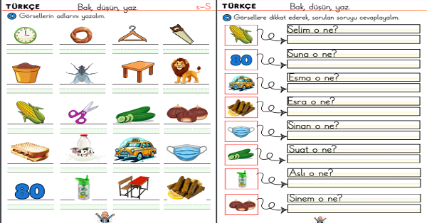 1. Sınıf İlk Okuma Yazma S Sesi Görsel Dikte ve O Ne? Etkinliği