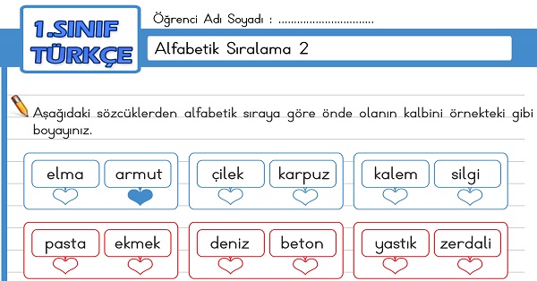 1.Sınıf Türkçe Alfabetik Sıralama Etkinliği 2