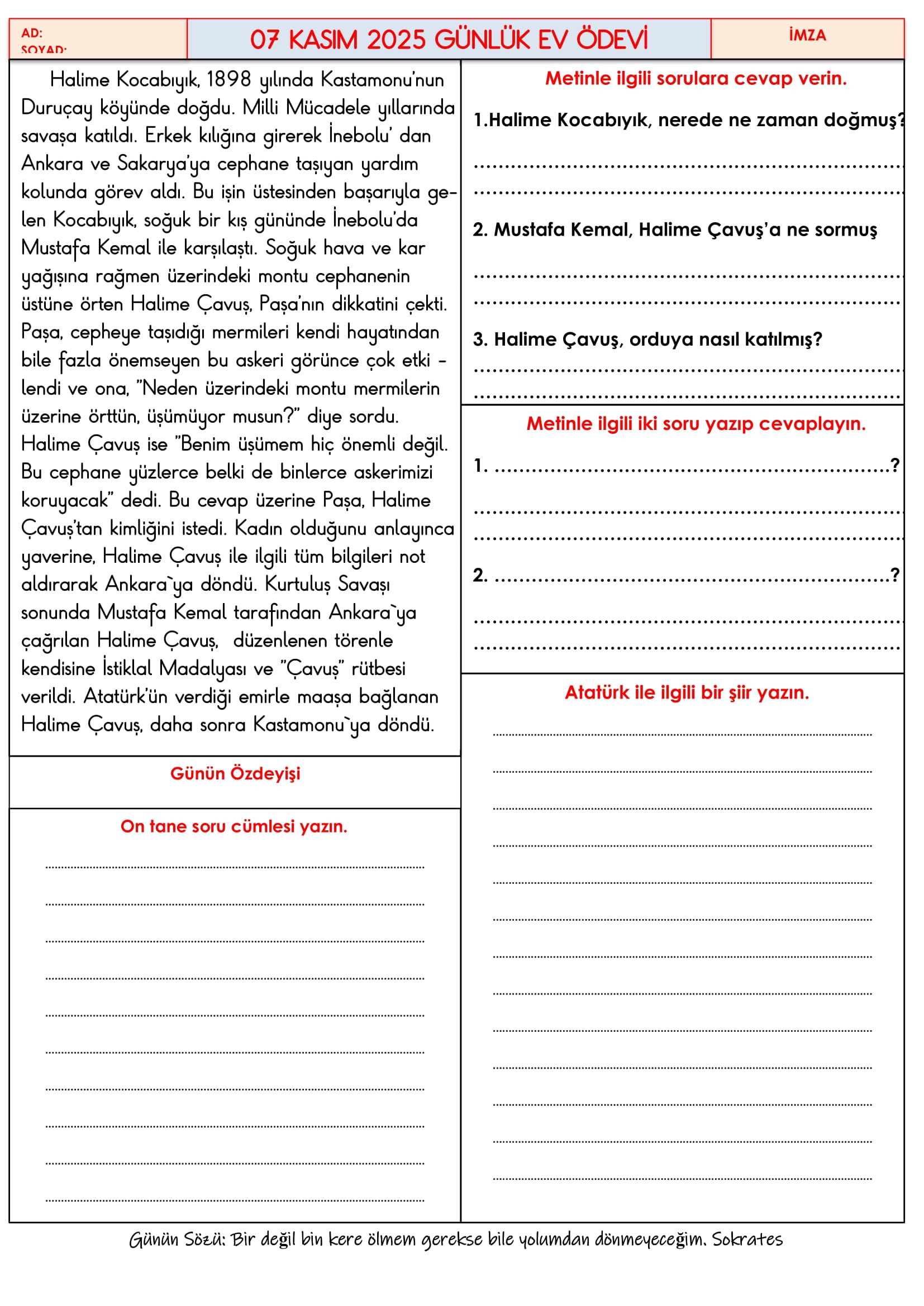 4.Sınıf - 07 Kasım 2025 Günlük Ev Ödevleri