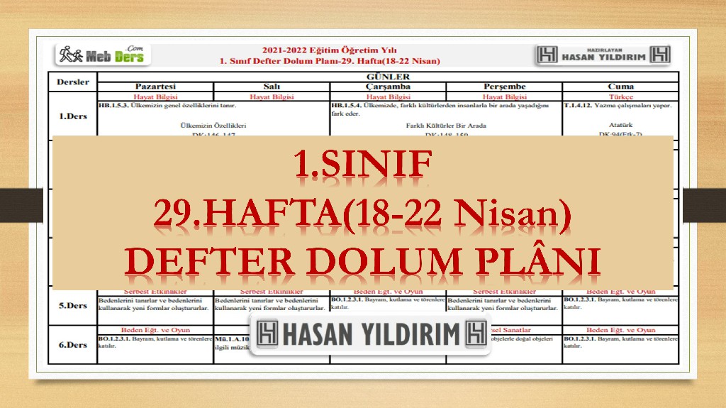 1.Sınıf 29.Hafta(18-22 Nisan) Defter Dolum Planı