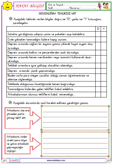 3. Sınıf Hayat Bilgisi Güvenliğim Tehlikede mi Etkinliği