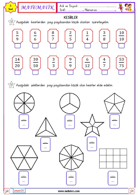 3. Sınıf Matematik Kesirler  Etkinliği 15