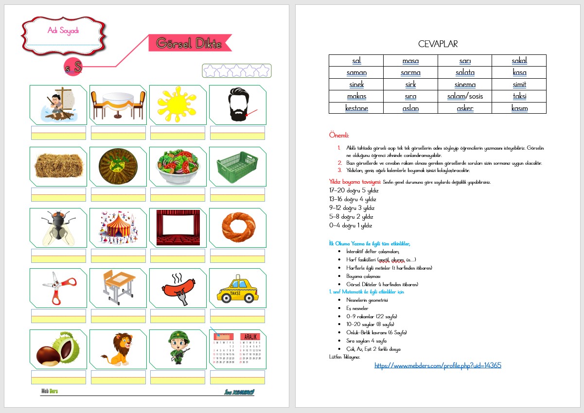 1. Sınıf İlk Okuma Yazma S Sesi GÖRSEL DİKTE