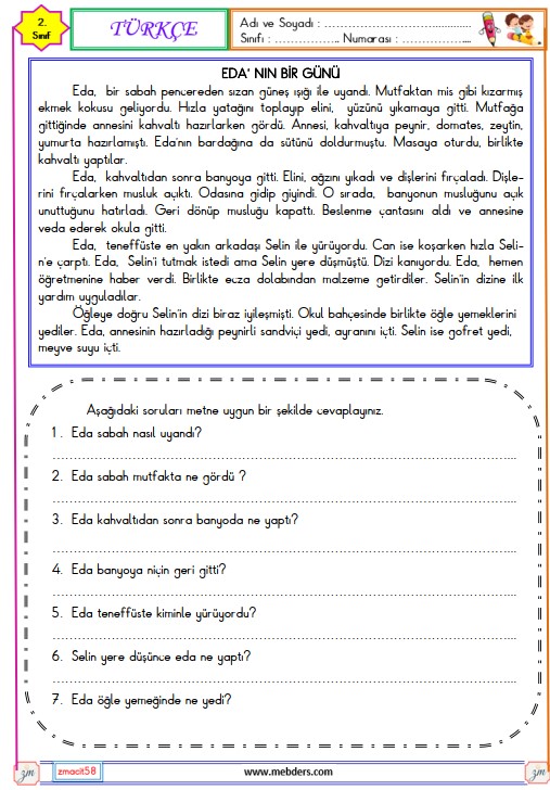 2. Sınıf Türkçe Okuma ve Anlama Metni Eda'nın Bir Günü Etkinliği