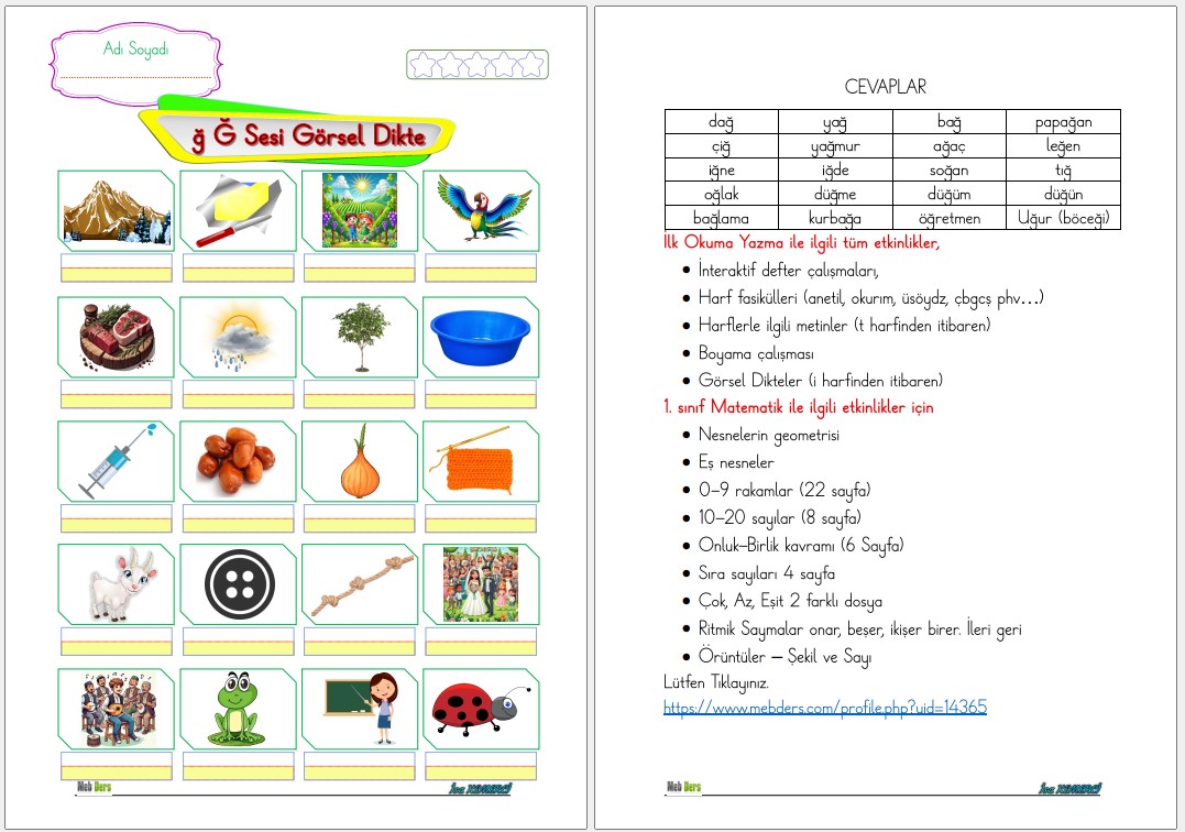 1. Sınıf İlk Okuma Yazma Ğ Sesi GÖRSEL DİKTE