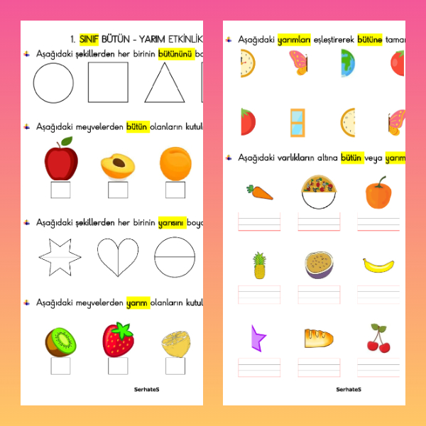 1. Sınıf Matematik - Kesirler (Bütün - Yarım) Etkinliği-1