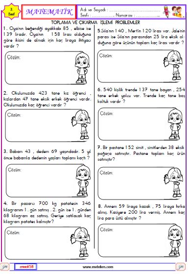 3. Sınıf Matematik Toplama ve Çıkarma İşlemi Problemleri Etkinliği 3