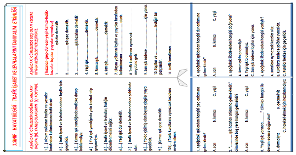 3.Sınıf - Hayat Bilgisi Trafik İşaret ve Levhalarını Tanıyalım Etkinliği