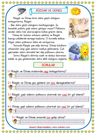 1.Sınıf Türkçe Rüzgar ve Güneş Okuma Anlama Metin Çalışması  17