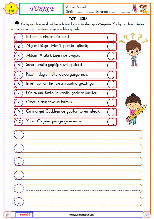 3. Sınıf Türkçe Özel İsim Etkinliği