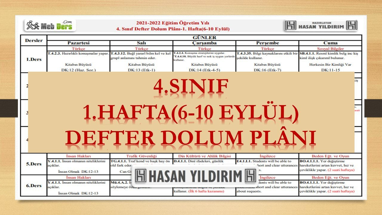 4.Sınıf 1.Hafta(6-10 Eylül) Defter Dolum Planı