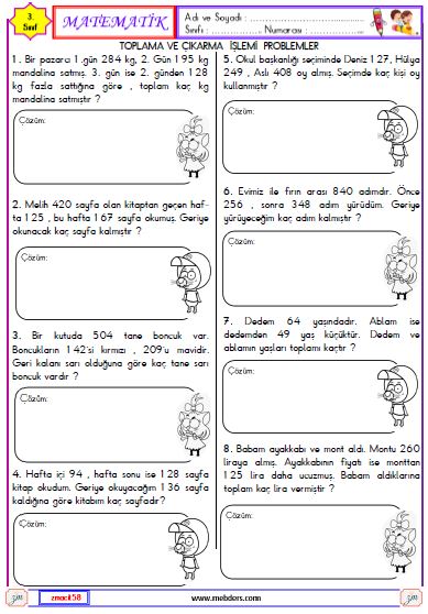 3. Sınıf Matematik Toplama ve Çıkarma İşlemi Problemleri Etkinliği 2