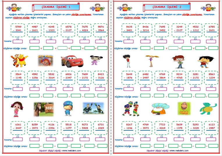 4.Sınıf Matematik Çıkarma İşlemi Çalışması 1-2  (2 SAYFA)