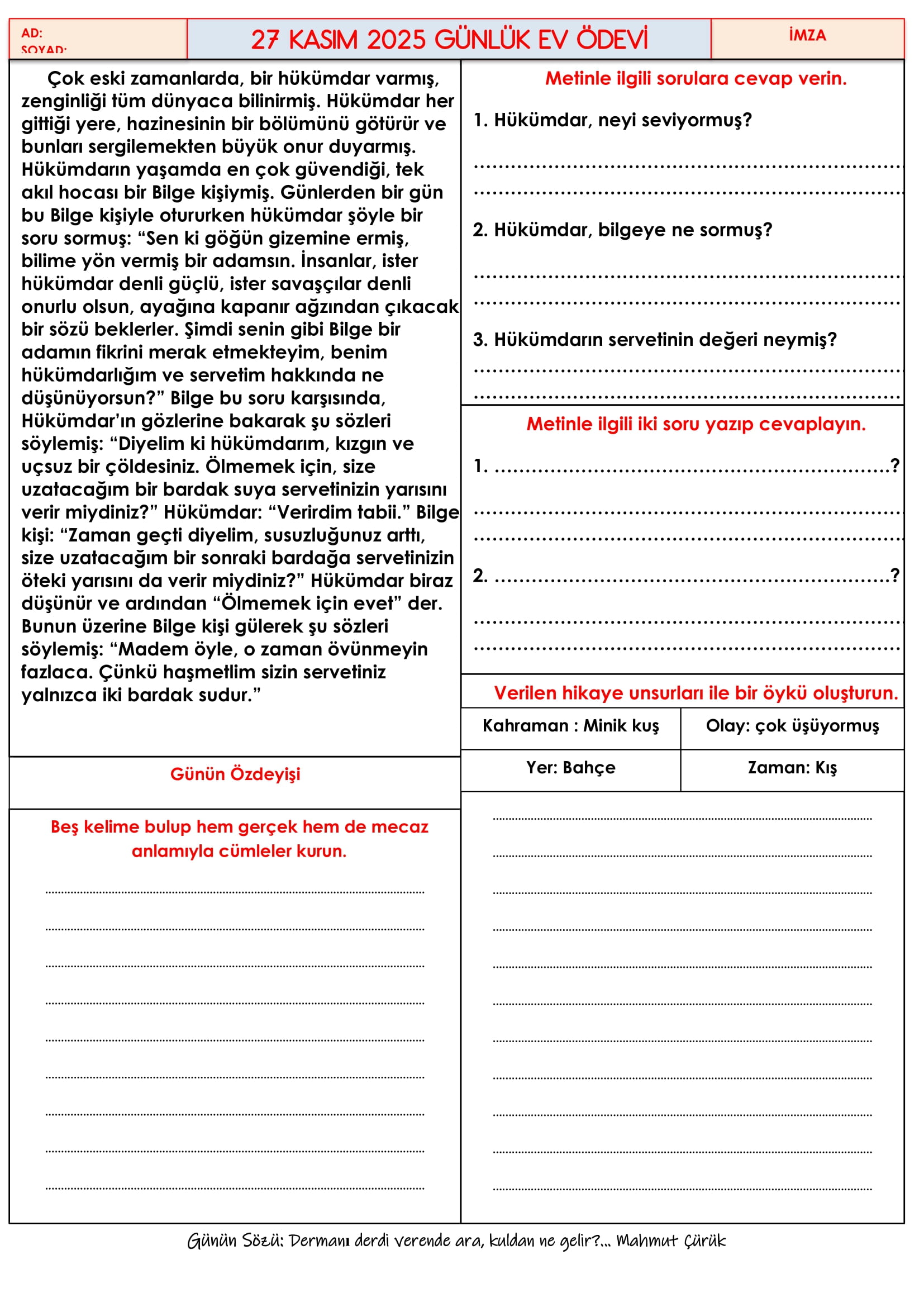 4.Sınıf - 27 Kasım 2025 Günlük Ev Ödevleri