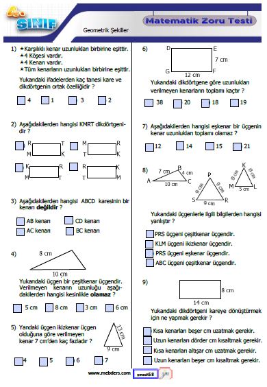 4. Sınıf Matematik  Geometrik Şekiller Testi