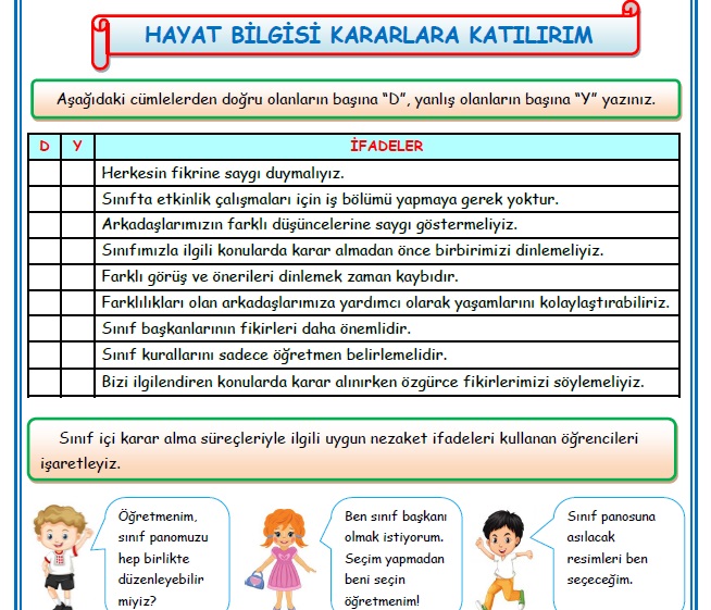 2.Sınıf Hayat Bilgisi Kararlara Katılırım Etkinlik Çalışması