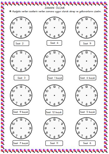 1. Sınıf Matematik Zamanı Ölçme ve Saat Etkinliği 4