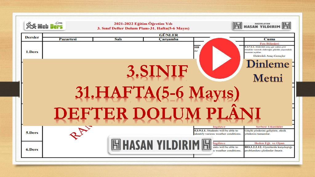 3.Sınıf 31.Hafta(5-6 Mayıs) Defter Dolum Planı