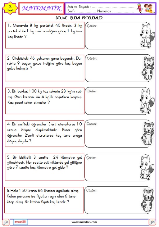 3. Sınıf Matematik Bölme İşlemi Problemler Etkinliği 8