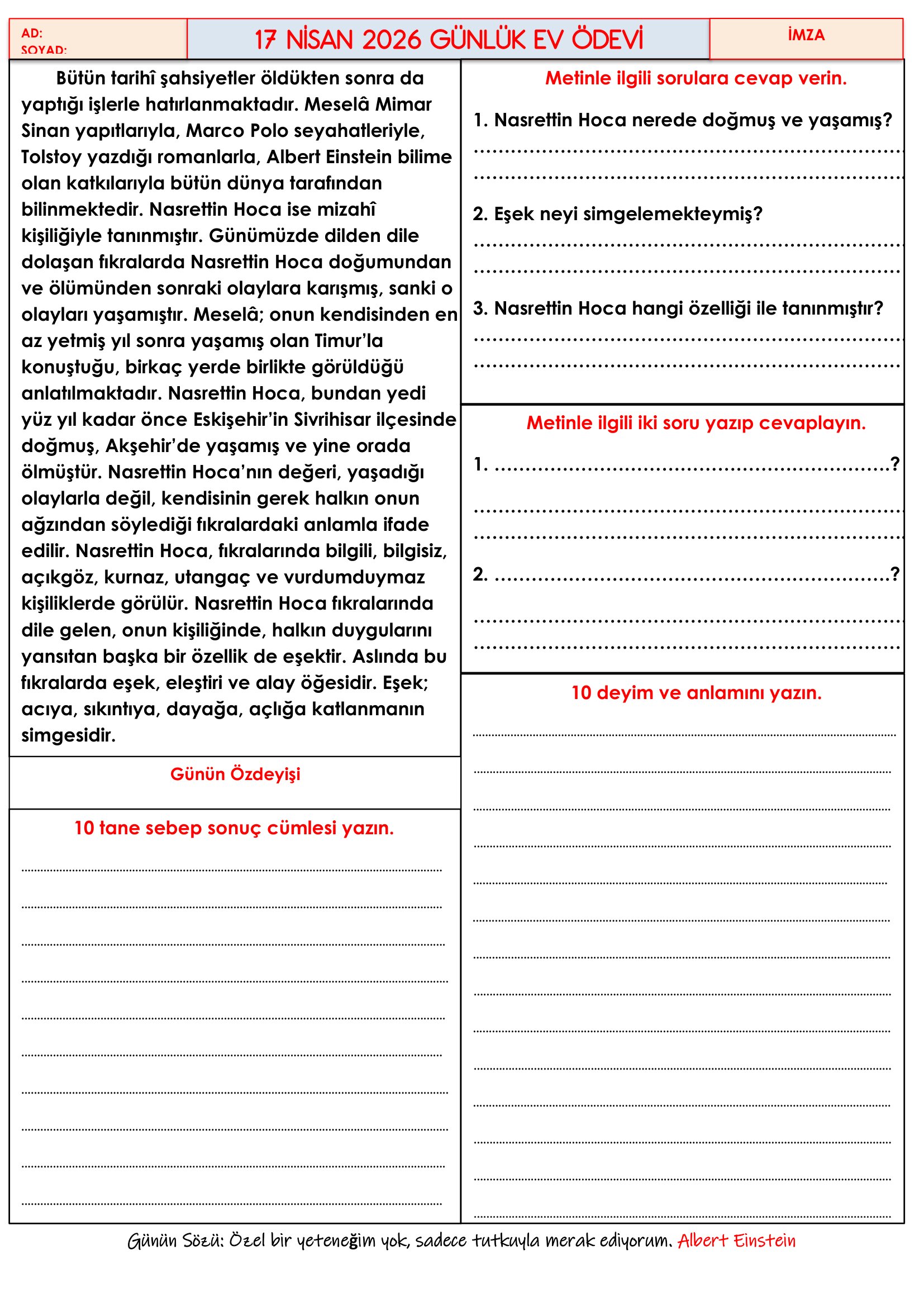 4.Sınıf - 17 Nisan 2026 Günlük Ev Ödevleri