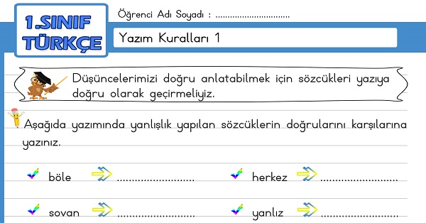 1.Sınıf Türkçe Yazım Kuralları Etkinliği 1