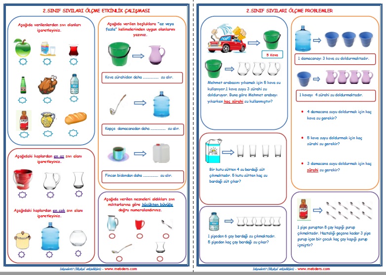 2.Sınıf Matematik Sıvı Ölçüleri Etkinlik Çalışması  (2 Sayfa)