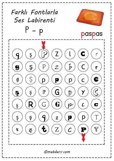 Farklı fontlarla ses labirenti - p sesi