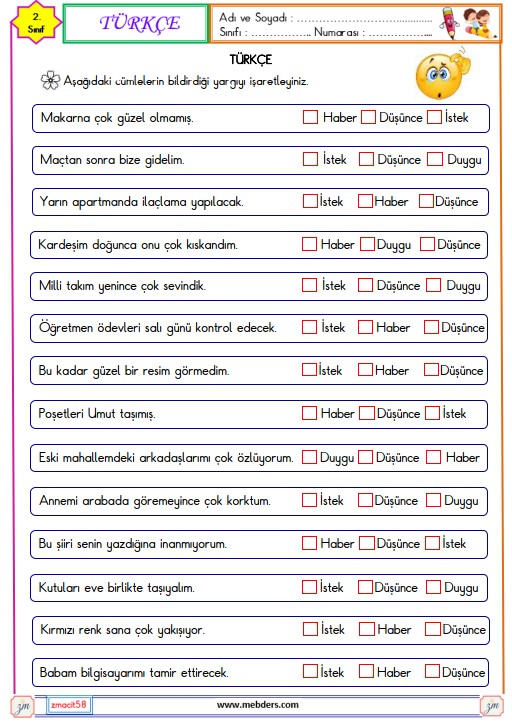 2. Sınıf Türkçe Duygu, Düşünce, Haber ve İstek Cümleleri Etkinliği