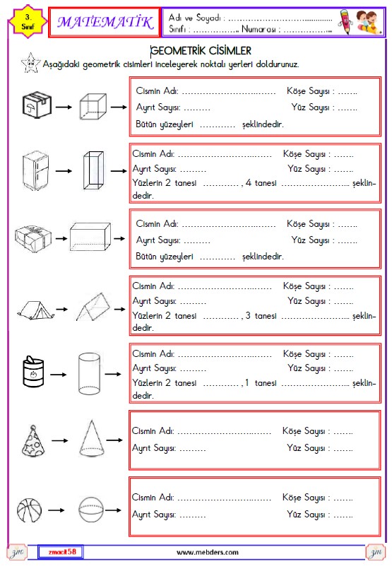 3. Sınıf Matematik Geometrik Cisimler Etkinliği 1