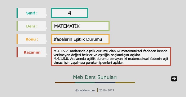 4.Sınıf Matematik İfadelerin Eşitlik Durumu Sunusu